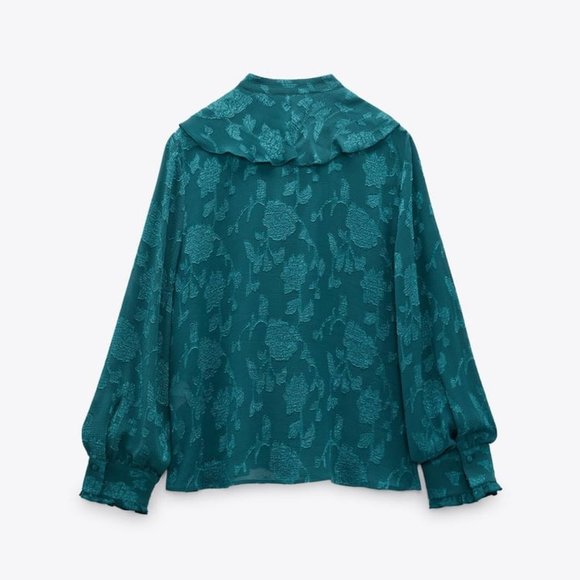 ZARA RUFFLED JACQUARD SHIRT DUCK GREEN SIZE L | 2285/893/538 - Picture 4 of 12